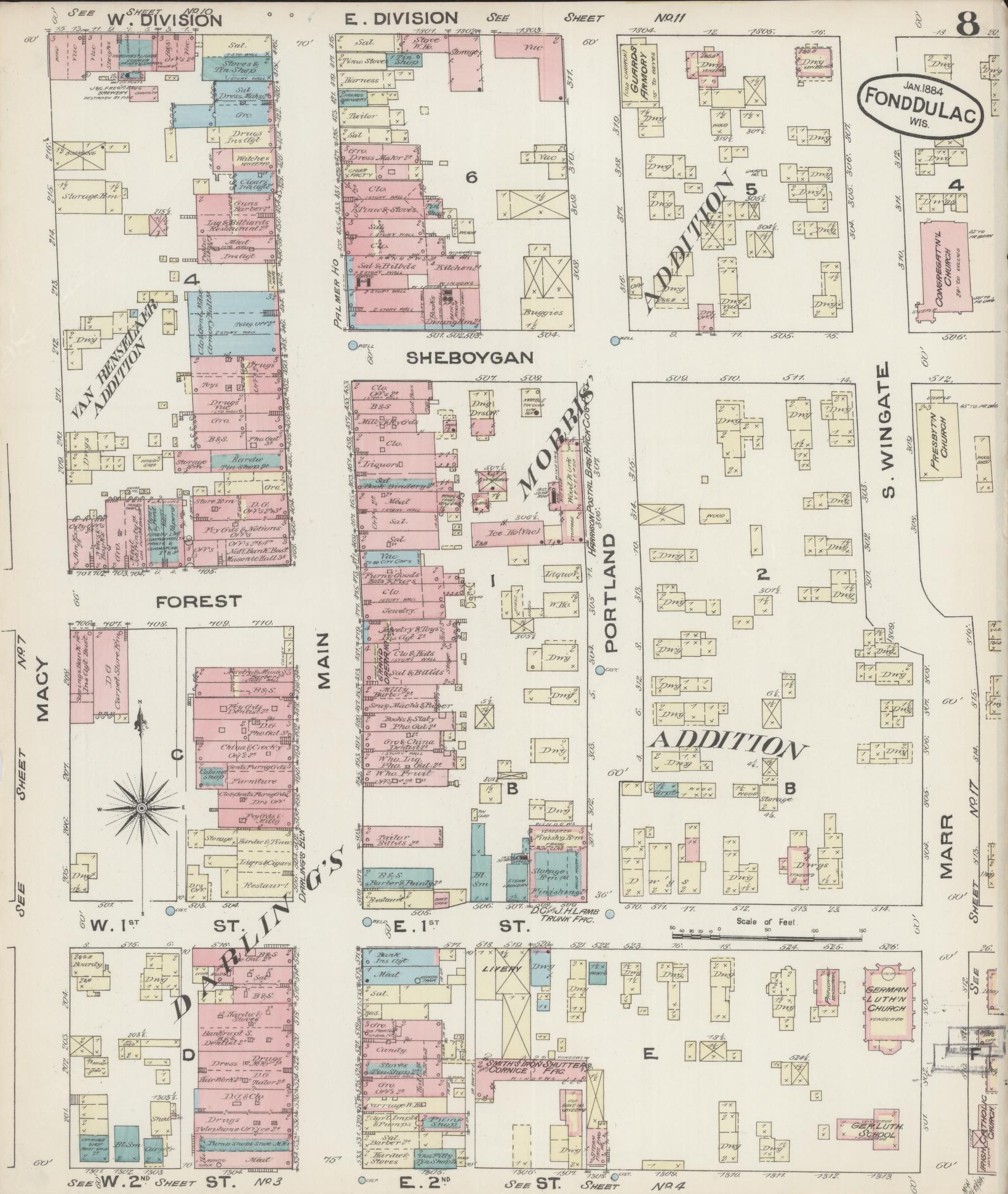 Sanborn Fire Insurance Map from Fond du Lac, Fond du Lac County, Wisconsin (1884), Sheet #0008 - Historic Sanborn Fire Insurance Map Print, vintage old map wall art, antique decor, genealogy gift, Wisconsin Wisconsin map