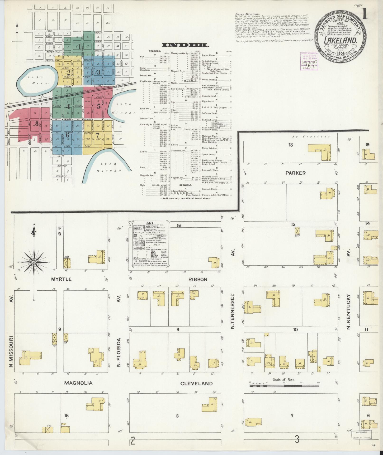 Sanborn Fire Insurance Map from Lakeland, Polk County, Florida (1908), Sheet #0001 - Historic Sanborn Fire Insurance Map Print, vintage old map wall art, antique decor, genealogy gift, Florida Florida map