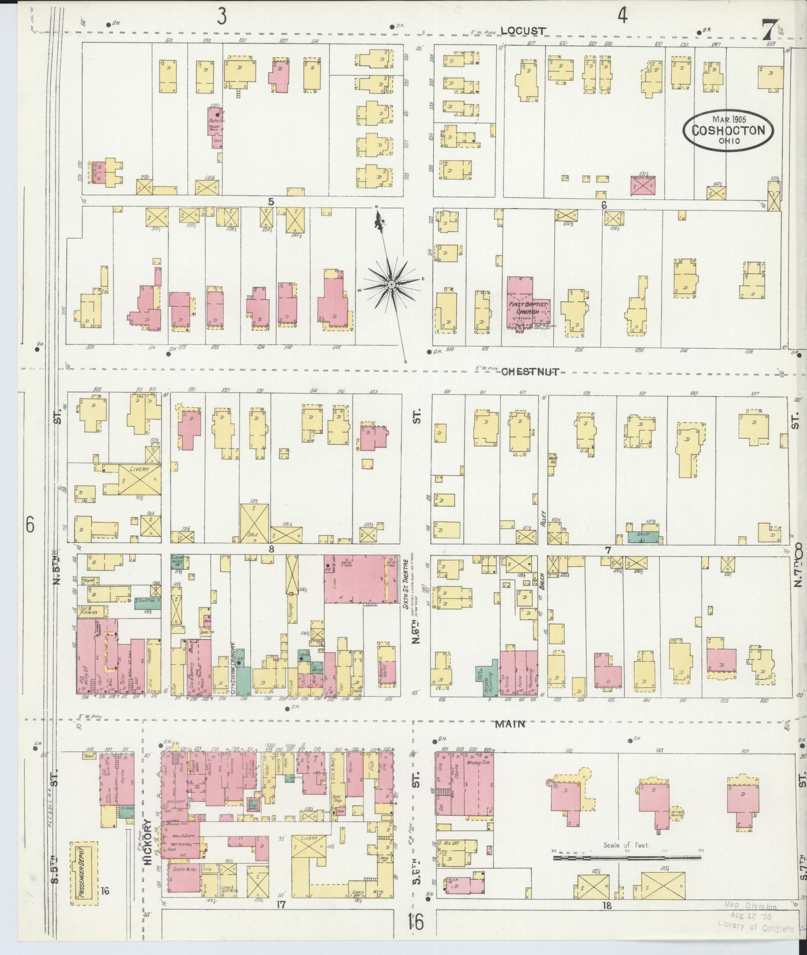 Sanborn Fire Insurance Map from Coshocton, Coshocton County, Ohio (1905), Sheet #0007 - Historic Sanborn Fire Insurance Map Print, vintage old map wall art, antique decor, genealogy gift, Ohio Ohio map