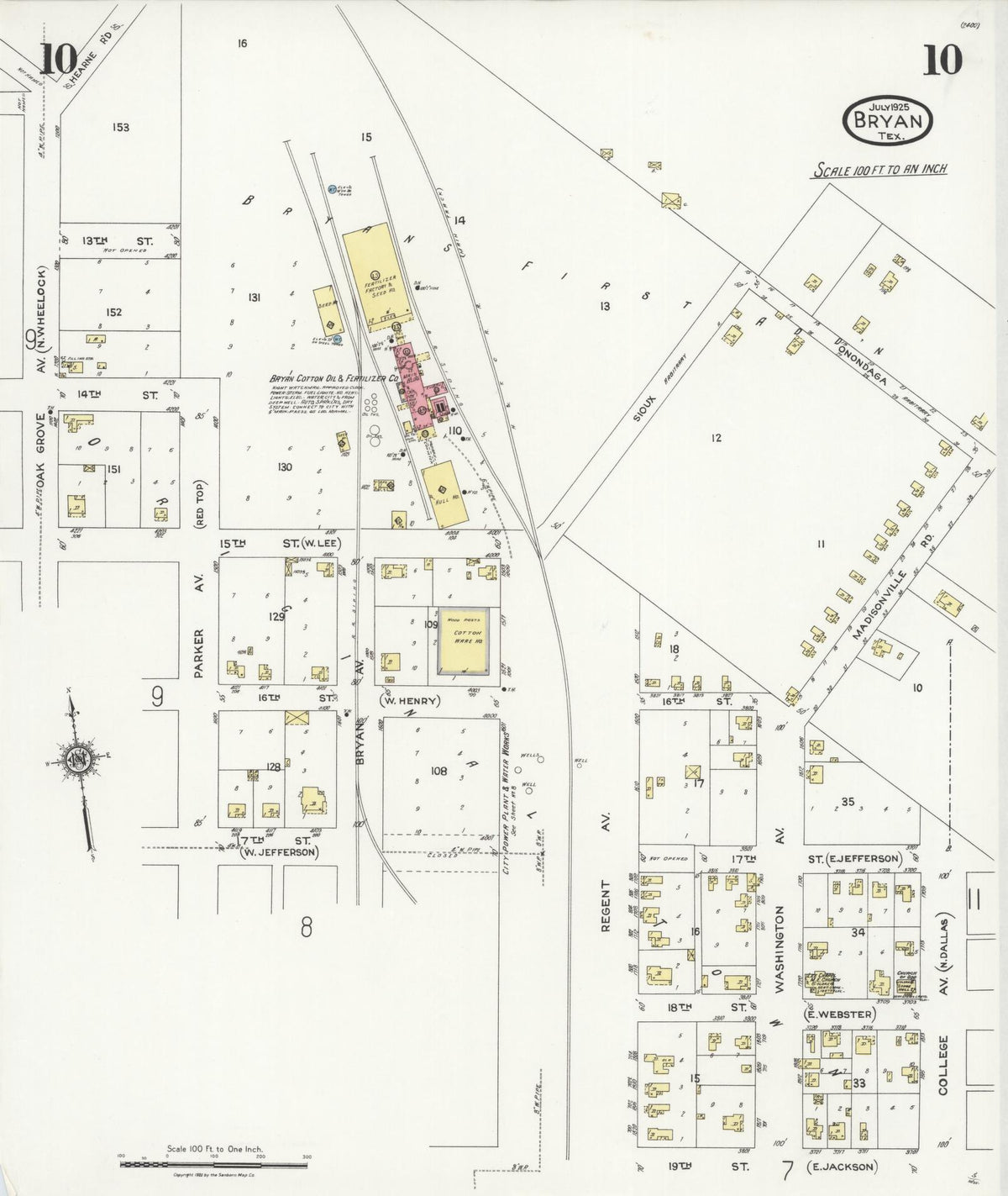 Sanborn Fire Insurance Map from Bryan, Brazos County, Texas (1925), Sheet #0010 - Historic Sanborn Fire Insurance Map Print, vintage old map wall art, antique decor, genealogy gift, Texas Texas map