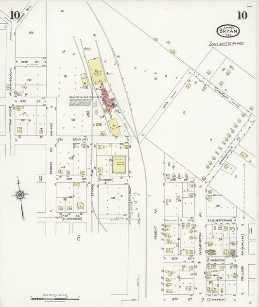 Sanborn Fire Insurance Map from Bryan, Brazos County, Texas (1925), Sheet #0010 - Historic Sanborn Fire Insurance Map Print, vintage old map wall art, antique decor, genealogy gift, Texas Texas map