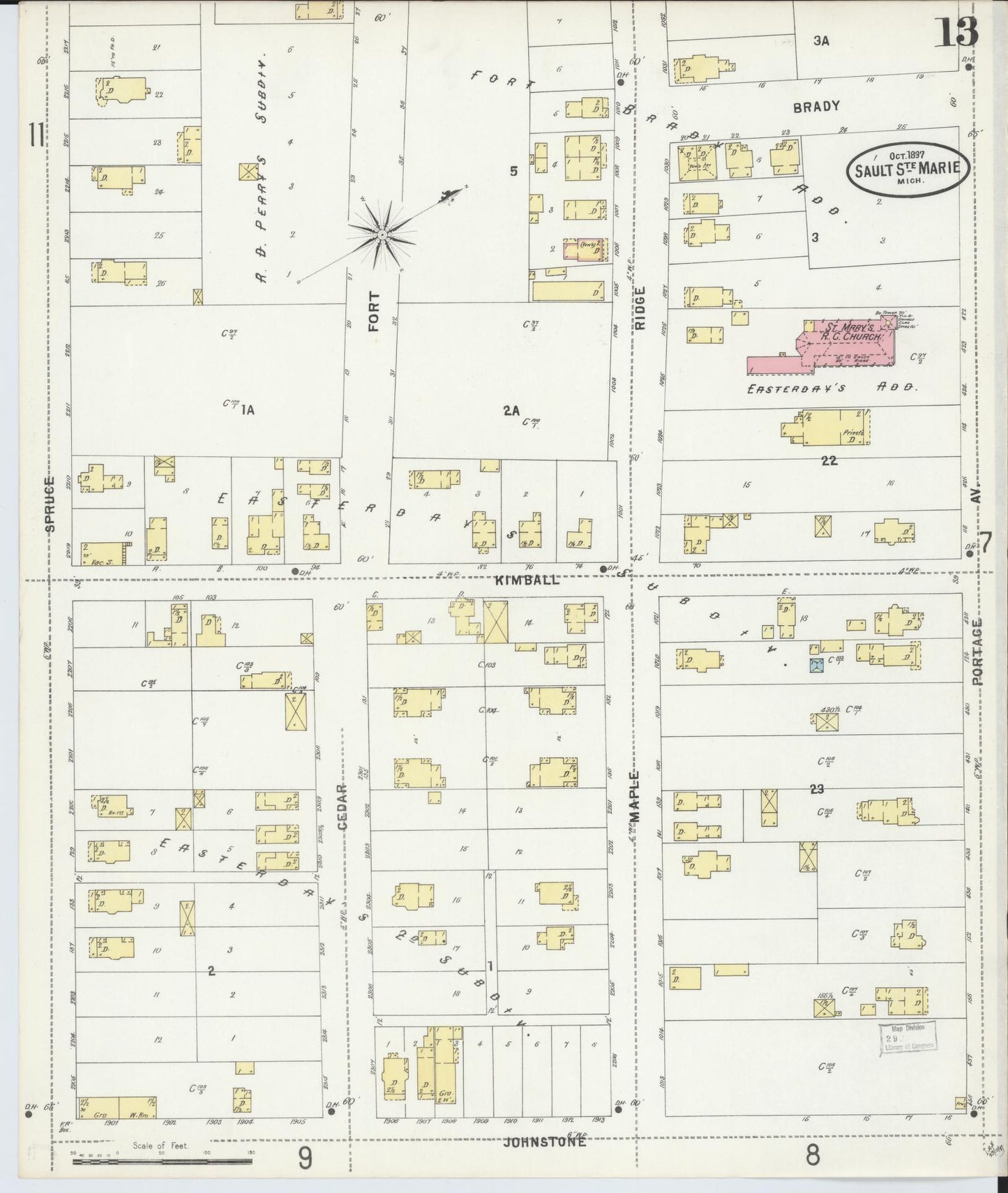 Sanborn Fire Insurance Map from Sault Sainte Marie, Chippewa County, Michigan (1897), Sheet #0013 - Complete Map Set gallery image, historic Sanborn map, vintage wall art, Michigan Michigan