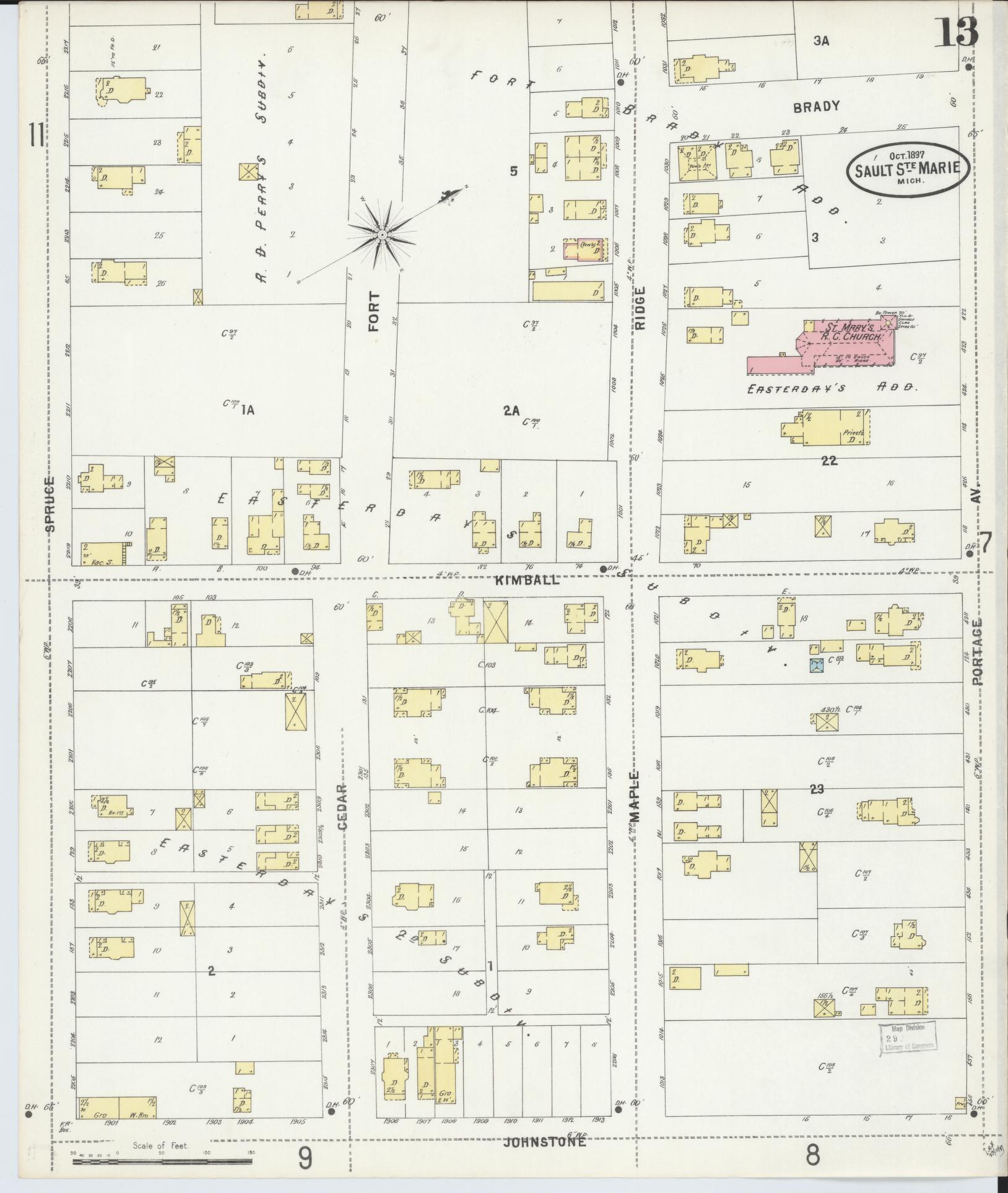 Sanborn Fire Insurance Map from Sault Sainte Marie, Chippewa County, Michigan (1897), Sheet #0013 - Complete Map Set gallery image, historic Sanborn map, vintage wall art, Michigan Michigan