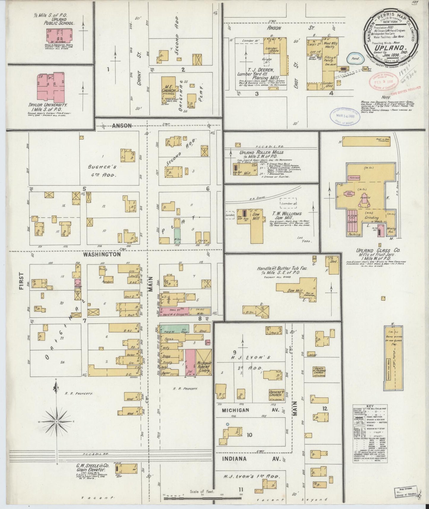 Sanborn Fire Insurance Map from Upland, Grant County, Indiana (1898), Sheet #0001 - Historic Sanborn Fire Insurance Map Print, vintage old map wall art, antique decor, genealogy gift, Indiana Indiana map