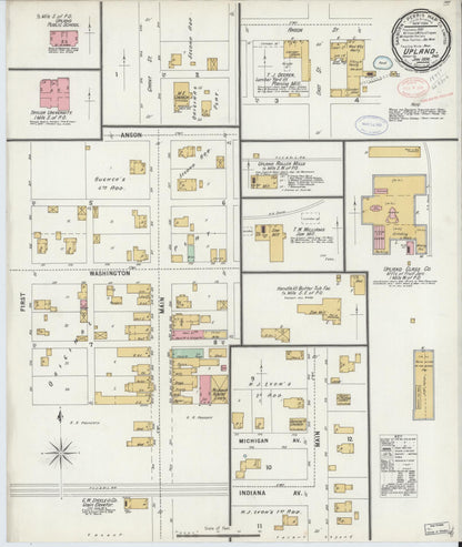 Sanborn Fire Insurance Map from Upland, Grant County, Indiana (1898), Sheet #0001 - Historic Sanborn Fire Insurance Map Print, vintage old map wall art, antique decor, genealogy gift, Indiana Indiana map