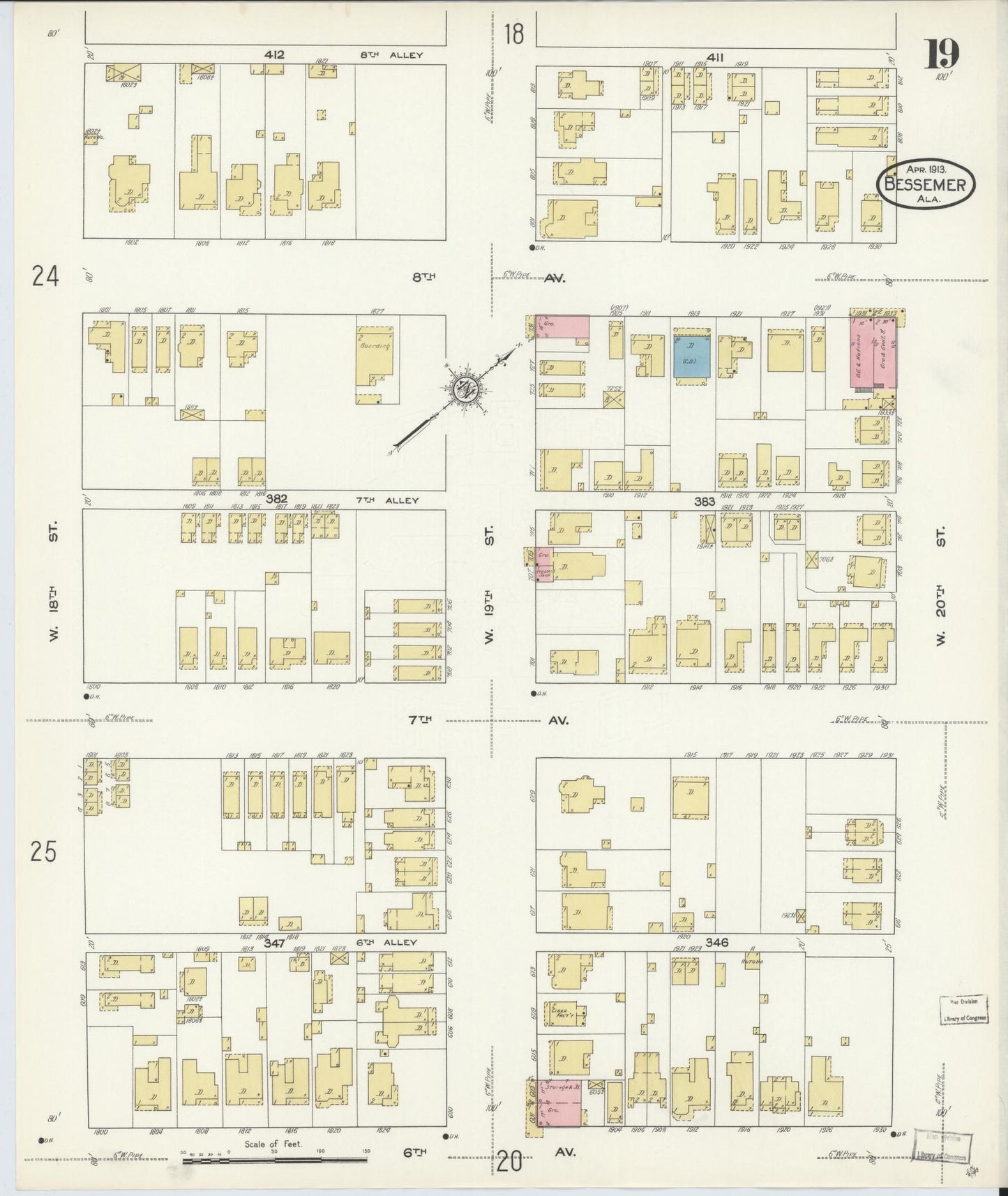 Sanborn Fire Insurance Map from Bessemer, Jefferson County, Alabama (1913), Sheet #0019 - Historic Sanborn Fire Insurance Map Print, vintage old map wall art, antique decor, genealogy gift, Alabama Alabama map