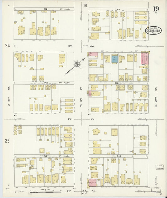 Sanborn Fire Insurance Map from Bessemer, Jefferson County, Alabama (1913), Sheet #0019 - Historic Sanborn Fire Insurance Map Print, vintage old map wall art, antique decor, genealogy gift, Alabama Alabama map