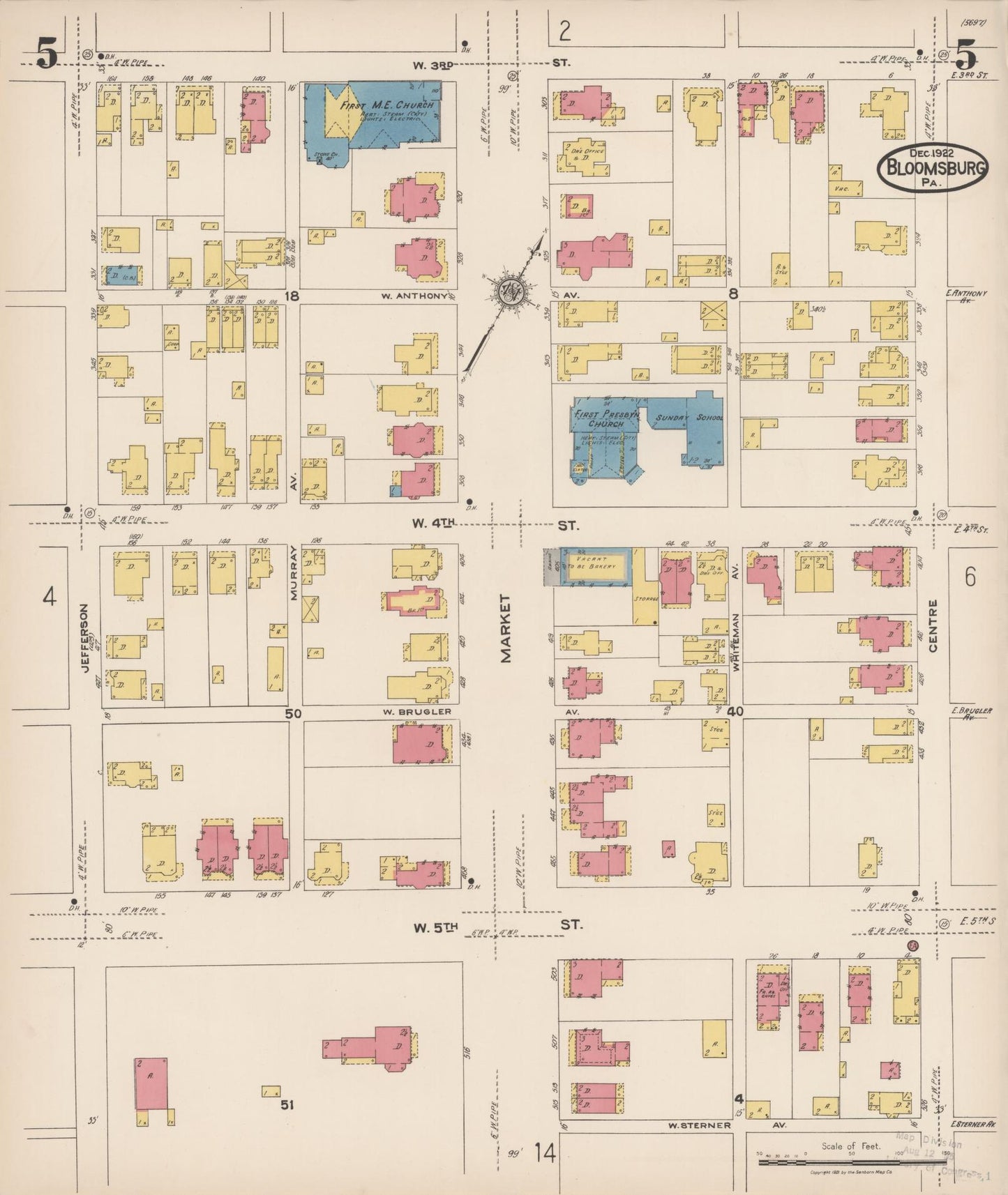 Sanborn Fire Insurance Map from Bloomsburg, Columbia County, Pennsylvania (1922), Sheet #0005 - Historic Sanborn Fire Insurance Map Print, vintage old map wall art, antique decor, genealogy gift, Pennsylvania Pennsylvania map