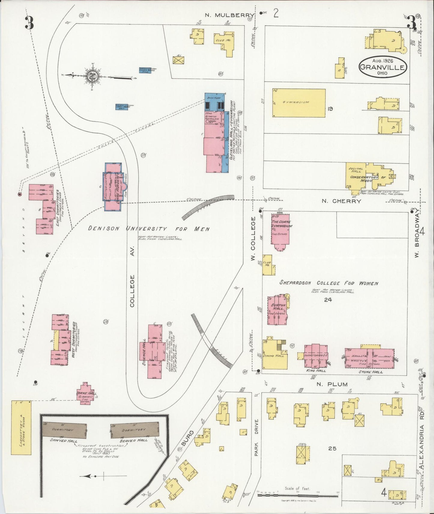 Sanborn Fire Insurance Map from Granville, Licking County, Ohio (1926), Sheet #0003 - Complete Map Set gallery image, historic Sanborn map, vintage wall art, Ohio Ohio