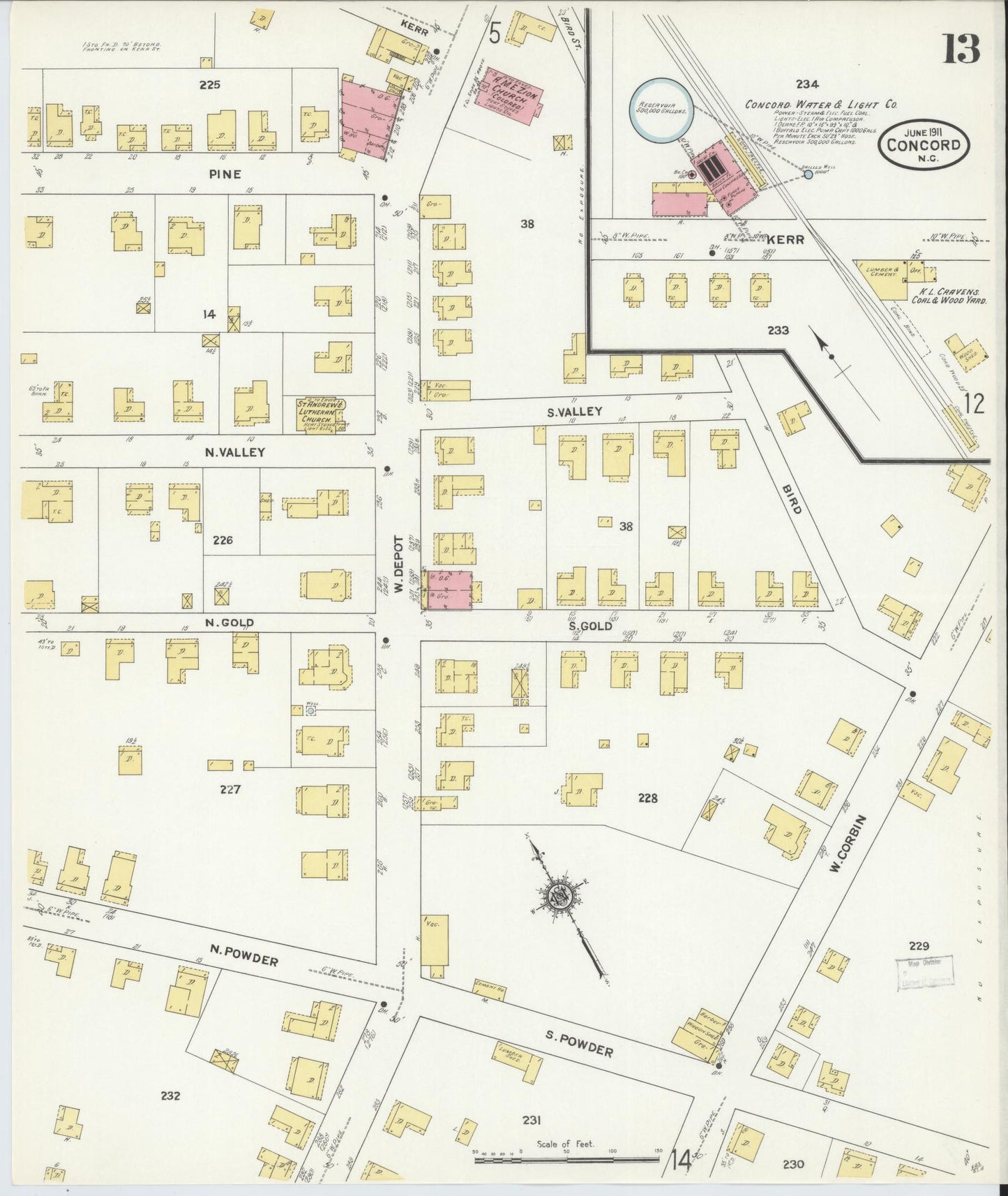 Sanborn Fire Insurance Map from Concord, Cabarrus County, North Carolina (1911), Sheet #0013 - Historic Sanborn Fire Insurance Map Print, vintage old map wall art, antique decor, genealogy gift, North Carolina North Carolina map