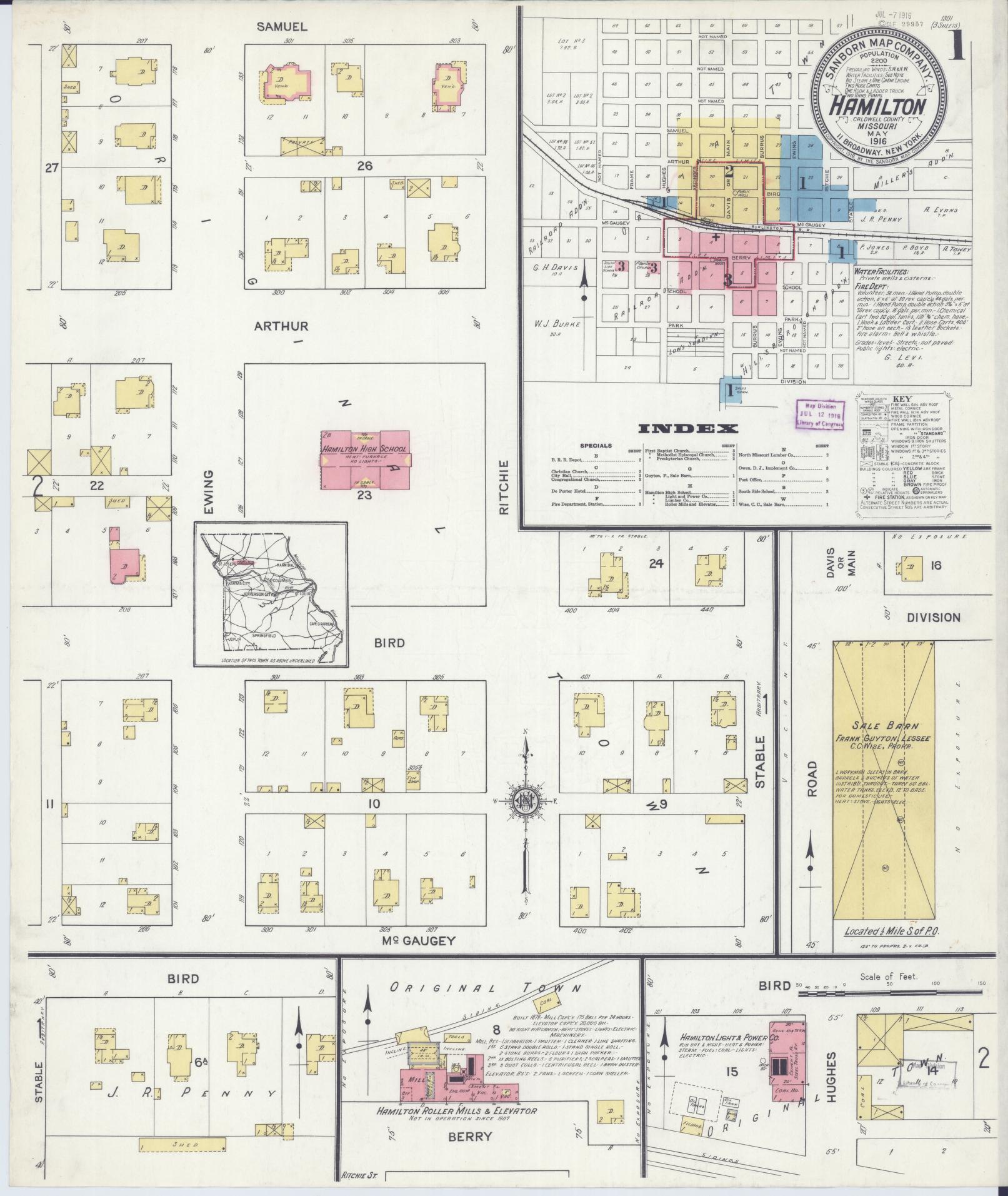 Sanborn Fire Insurance Map from Hamilton, Caldwell County, Missouri (1916), Sheet #0001 - Complete Map Set gallery image, historic Sanborn map, vintage wall art, Missouri Missouri