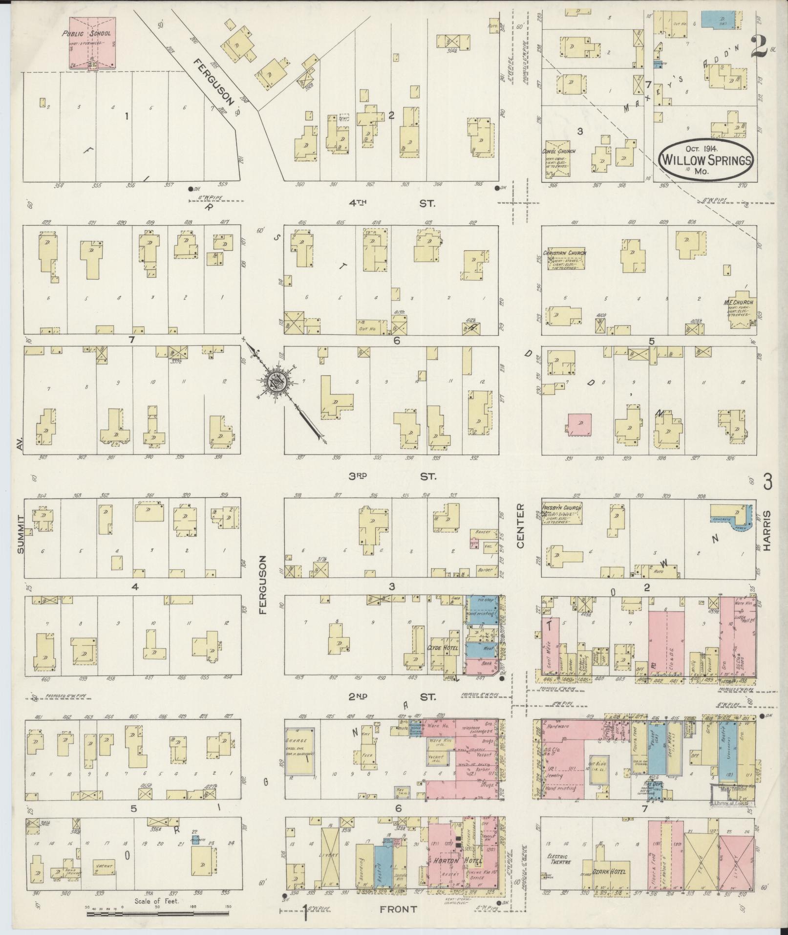 Sanborn Fire Insurance Map from Willow Springs, Howell County, Missouri (1914), Sheet #0002 - Complete Map Set gallery image, historic Sanborn map, vintage wall art, Missouri Missouri