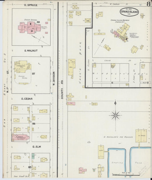 Sanborn Fire Insurance Map from Grand Island, Hall County, Nebraska (1889), Sheet #0008 - Historic Sanborn Fire Insurance Map Print, vintage old map wall art, antique decor, genealogy gift, Nebraska Nebraska map