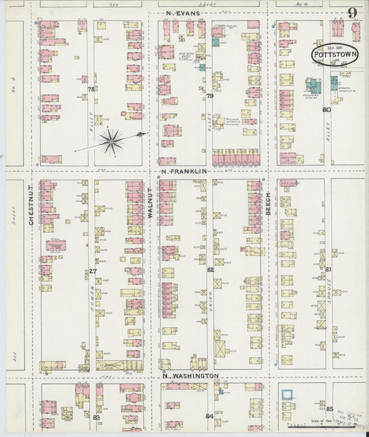 Sanborn Fire Insurance Map from Pottstown, Montgomery County, Pennsylvania (1891), Sheet #0009 - Historic Sanborn Fire Insurance Map Print, vintage old map wall art, antique decor, genealogy gift, Pennsylvania Pennsylvania map