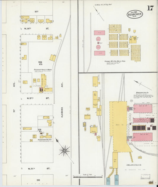 Sanborn Fire Insurance Map from Bessemer, Jefferson County, Alabama (1904), Sheet #0017 - Historic Sanborn Fire Insurance Map Print, vintage old map wall art, antique decor, genealogy gift, Alabama Alabama map
