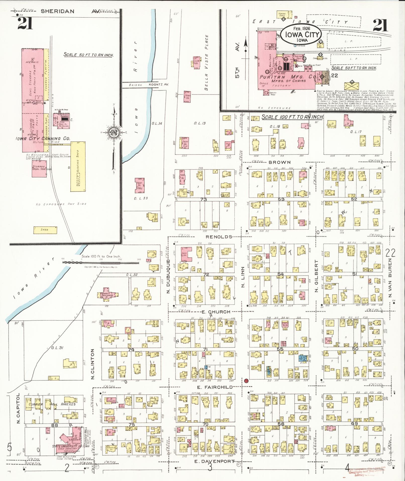 Sanborn Fire Insurance Map from Iowa City, Johnson County, Iowa (1926), Sheet #0021 - Historic Sanborn Fire Insurance Map Print, vintage old map wall art