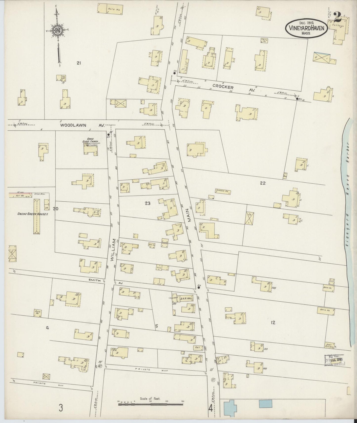 Sanborn Fire Insurance Map from Vineyard Haven, Dukes County, Massachusetts (1914), Sheet #0002 - Historic Sanborn Fire Insurance Map Print, vintage old map wall art, antique decor, genealogy gift, Massachusetts Massachusetts map