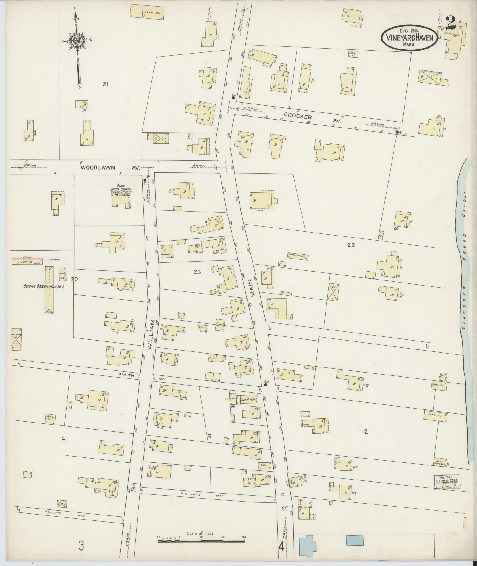 Sanborn Fire Insurance Map from Vineyard Haven, Dukes County, Massachusetts (1914), Sheet #0002 - Historic Sanborn Fire Insurance Map Print, vintage old map wall art, antique decor, genealogy gift, Massachusetts Massachusetts map