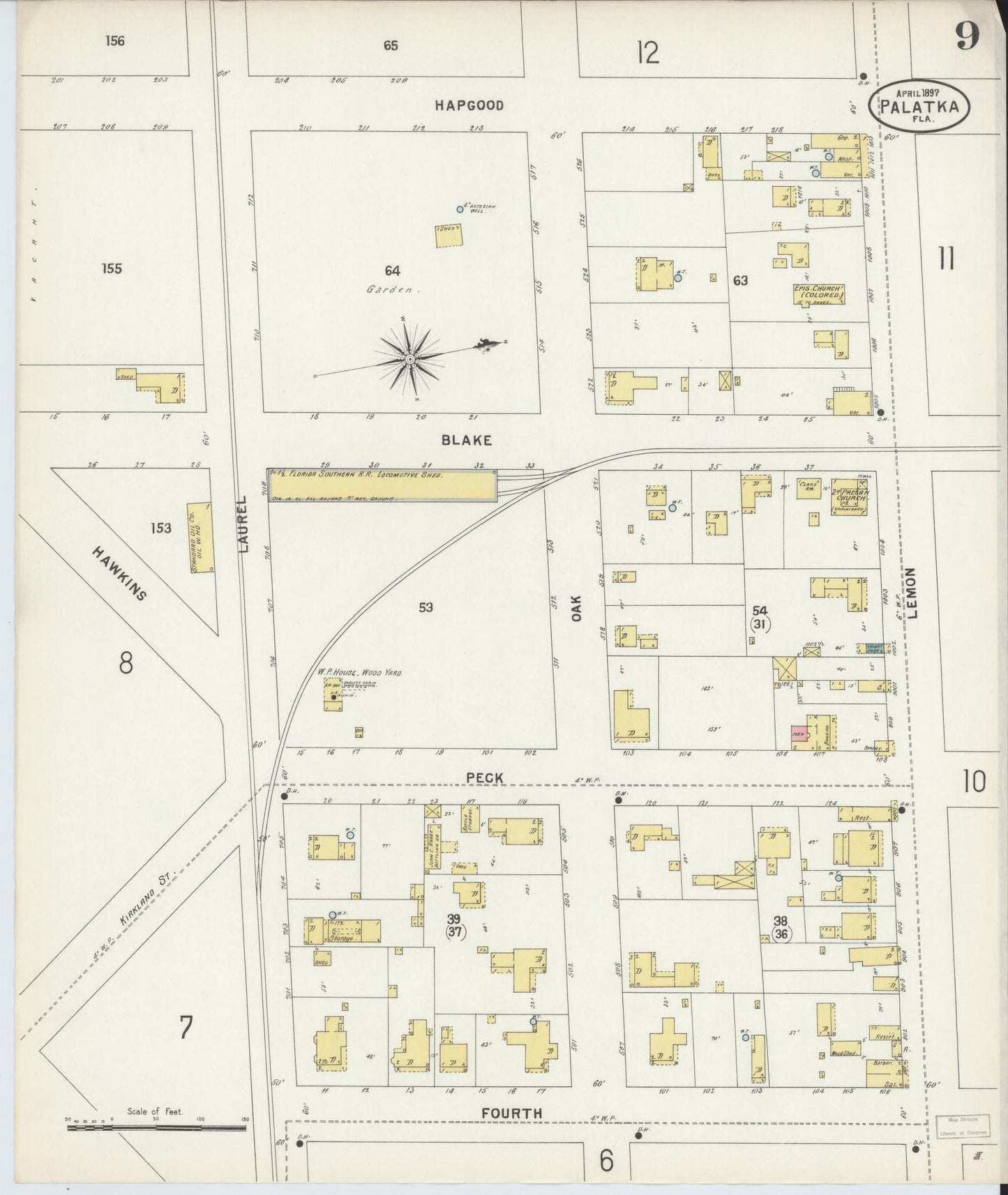 Sanborn Fire Insurance Map from Palatka, Putnam County, Florida (1897), Sheet #0009 - Complete Map Set gallery image, historic Sanborn map, vintage wall art, Florida Florida