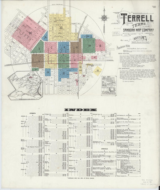Sanborn Fire Insurance Map from Terrell, Kaufman County, Texas (1921), Sheet #0001 - Historic Sanborn Fire Insurance Map Print, vintage old map wall art, antique decor, genealogy gift, Texas Texas map