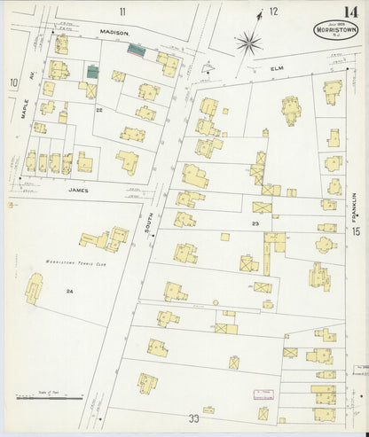 Sanborn Fire Insurance Map from Morristown, Morris County, New Jersey (1909), Sheet #0014 - Historic Sanborn Fire Insurance Map Print, vintage old map wall art, antique decor, genealogy gift, New Jersey New Jersey map