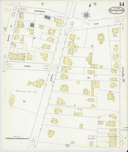 Sanborn Fire Insurance Map from Morristown, Morris County, New Jersey (1909), Sheet #0014 - Historic Sanborn Fire Insurance Map Print, vintage old map wall art, antique decor, genealogy gift, New Jersey New Jersey map