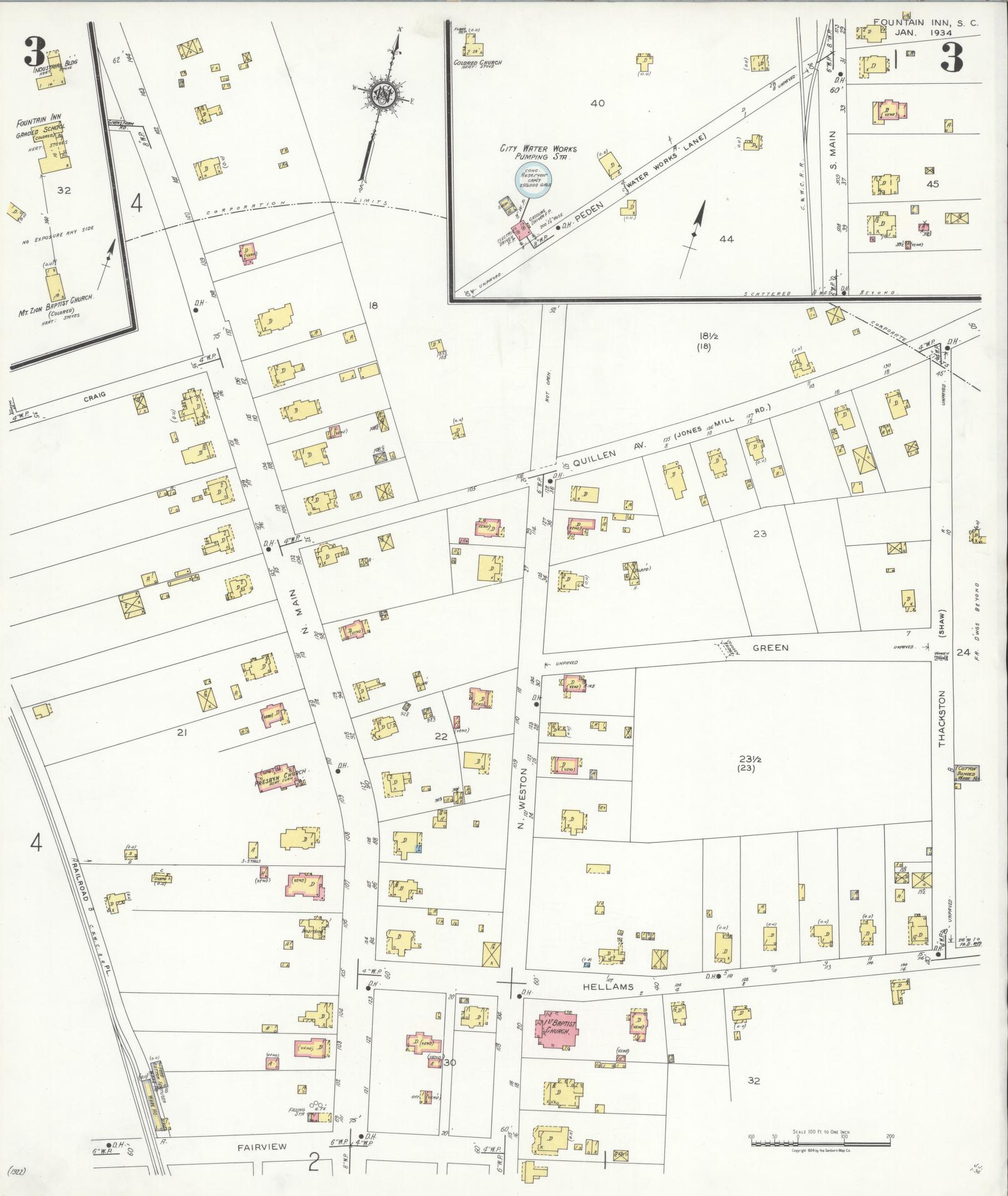 Sanborn Fire Insurance Map from Fountain Inn, Greenville And Laurens County, South Carolina (1934), Sheet #0003 - Historic Sanborn Fire Insurance Map Print, vintage old map wall art, antique decor, genealogy gift, South Carolina South Carolina map