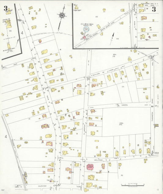 Sanborn Fire Insurance Map from Fountain Inn, Greenville And Laurens County, South Carolina (1934), Sheet #0003 - Historic Sanborn Fire Insurance Map Print, vintage old map wall art, antique decor, genealogy gift, South Carolina South Carolina map