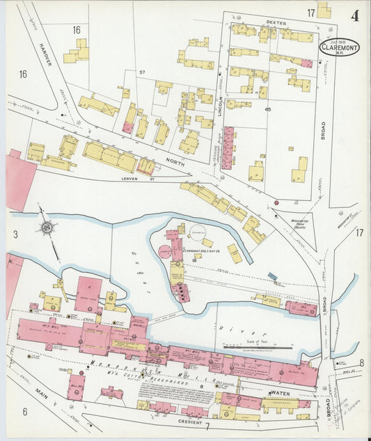 Sanborn Fire Insurance Map from Claremont, Sullivan County, New Hampshire (1918), Sheet #0004 - Historic Sanborn Fire Insurance Map Print, vintage old map wall art, antique decor, genealogy gift, New Hampshire New Hampshire map