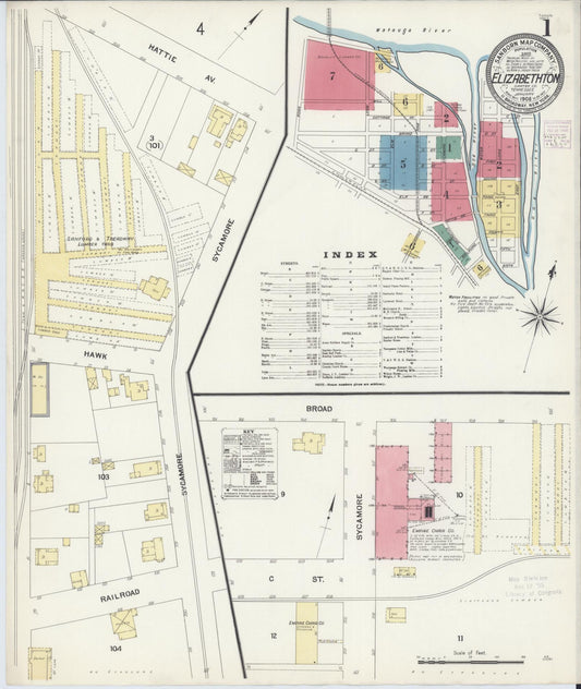 Sanborn Fire Insurance Map from Elizabethton, Carter County, Tennessee (1908), Sheet #0001 - Complete Map Set gallery image, historic Sanborn map, vintage wall art, Tennessee Tennessee