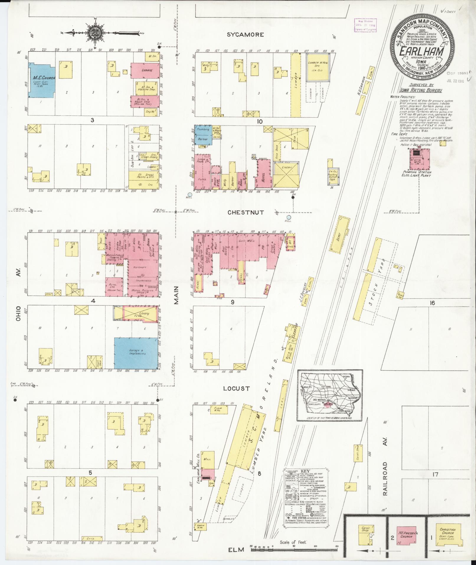 Sanborn Fire Insurance Map from Earlham, Madison County, Iowa (1916), Sheet #0001 - Historic Sanborn Fire Insurance Map Print, vintage old map wall art