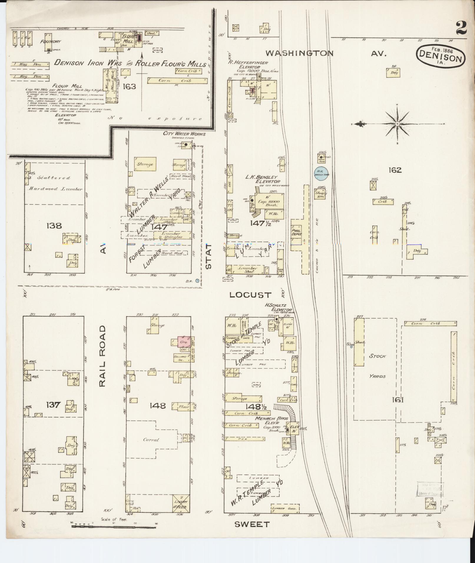Sanborn Fire Insurance Map from Denison, Crawford County, Iowa (1886), Sheet #0002 - Historic Sanborn Fire Insurance Map Print, vintage old map wall art