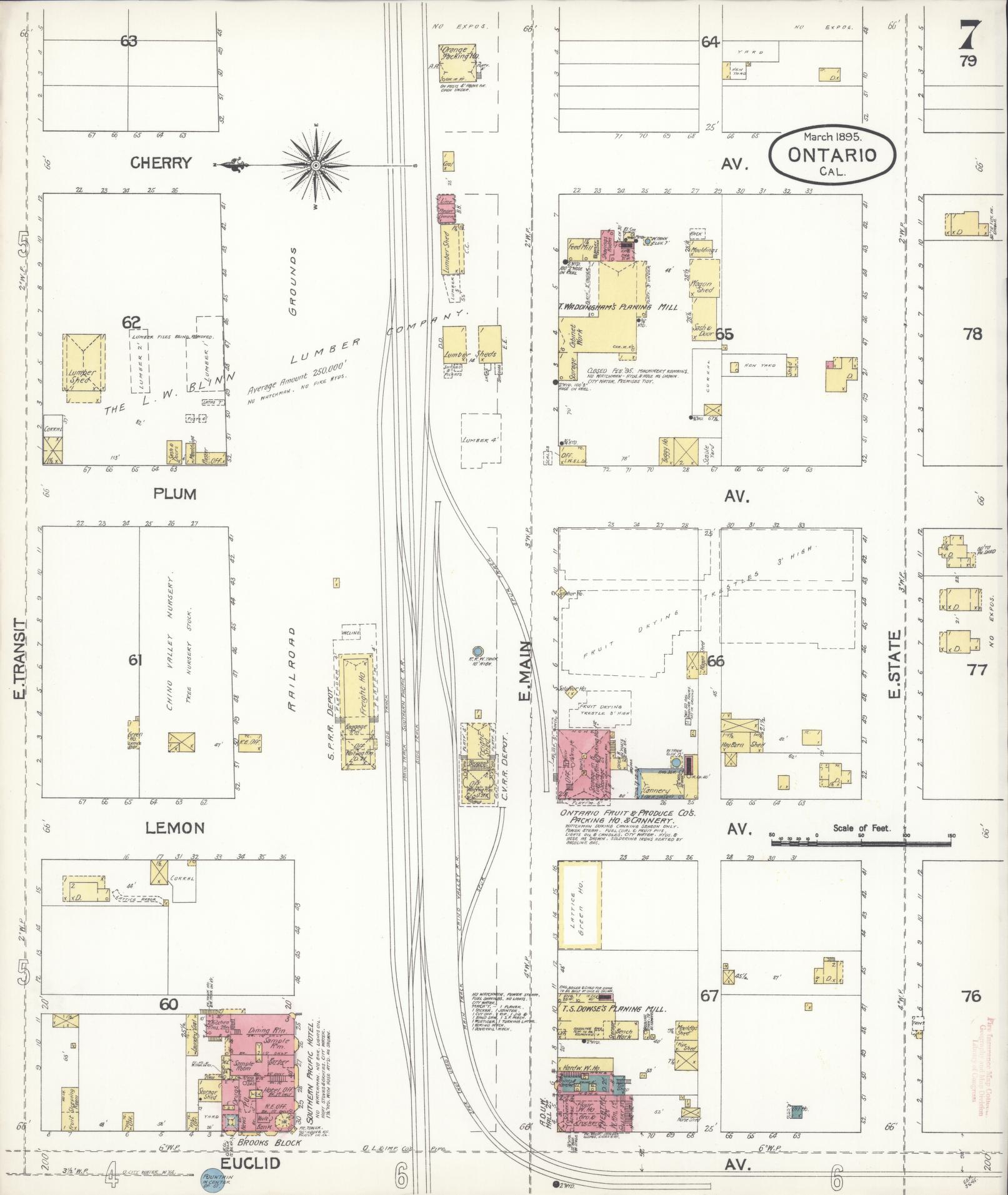 Sanborn Fire Insurance Map from Ontario, San Bernardino County, California (1895), Sheet #0007 - Historic Sanborn Fire Insurance Map Print, vintage old map wall art, antique decor, genealogy gift, California California map
