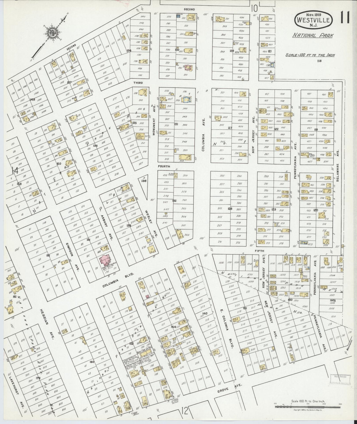 Sanborn Fire Insurance Map from Westville, Gloucester County, New Jersey (1919), Sheet #0011 - Historic Sanborn Fire Insurance Map Print, vintage old map wall art, antique decor, genealogy gift, New Jersey New Jersey map
