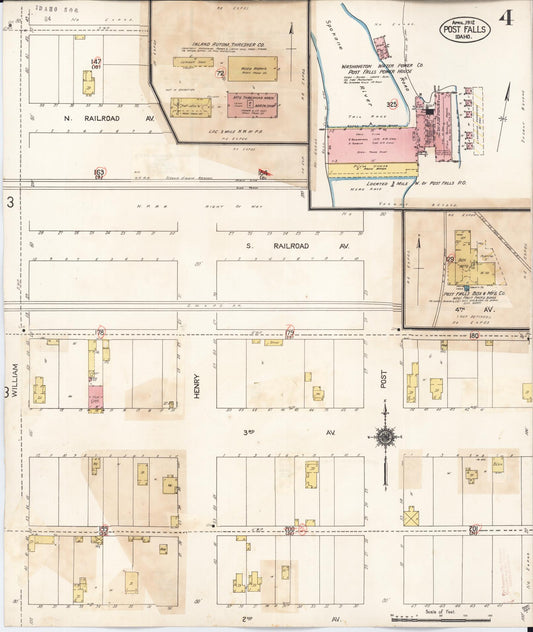 Sanborn Fire Insurance Map from Post Falls, Kootenai County, Idaho (1928), Sheet #0004 - Historic Sanborn Fire Insurance Map Print, vintage old map wall art, antique decor, genealogy gift, Idaho Idaho map