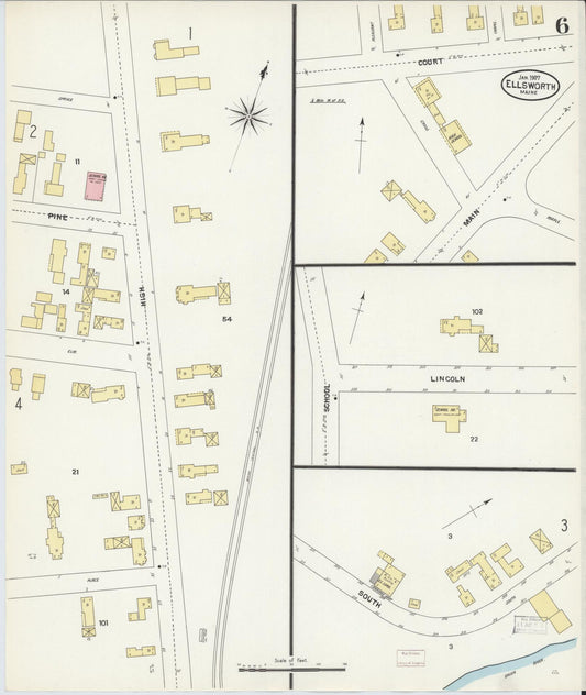 Sanborn Fire Insurance Map from Ellsworth, Hancock County, Maine (1907), Sheet #0006 - Historic Sanborn Fire Insurance Map Print, vintage old map wall art, antique decor, genealogy gift, Maine Maine map