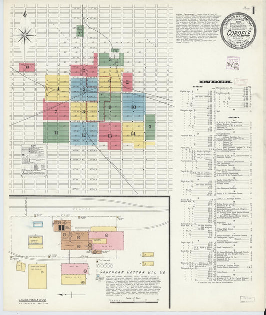 Sanborn Fire Insurance Map from Cordele, Crisp County, Georgia (1908), Sheet #0001 - Historic Sanborn Fire Insurance Map Print, vintage old map wall art, antique decor, genealogy gift, Georgia Georgia map