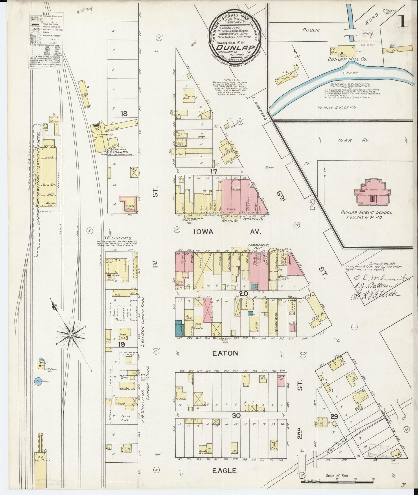 Sanborn Fire Insurance Map from Dunlap, Harrison County, Iowa (1893), Sheet #0001 - Historic Sanborn Fire Insurance Map Print, vintage old map wall art