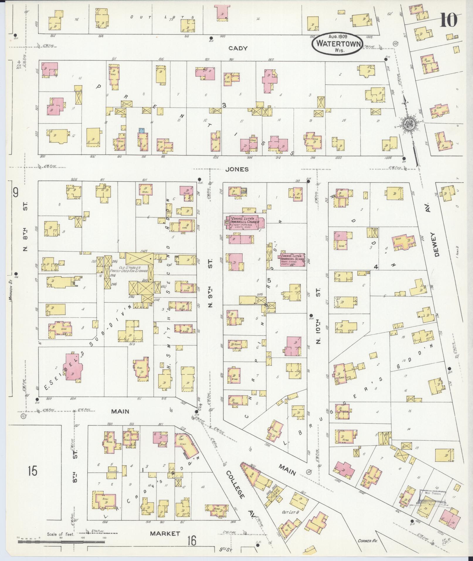 Sanborn Fire Insurance Map from Watertown, Jefferson County, Wisconsin (1909), Sheet #0010 - Historic Sanborn Fire Insurance Map Print, vintage old map wall art, antique decor, genealogy gift, Wisconsin Wisconsin map