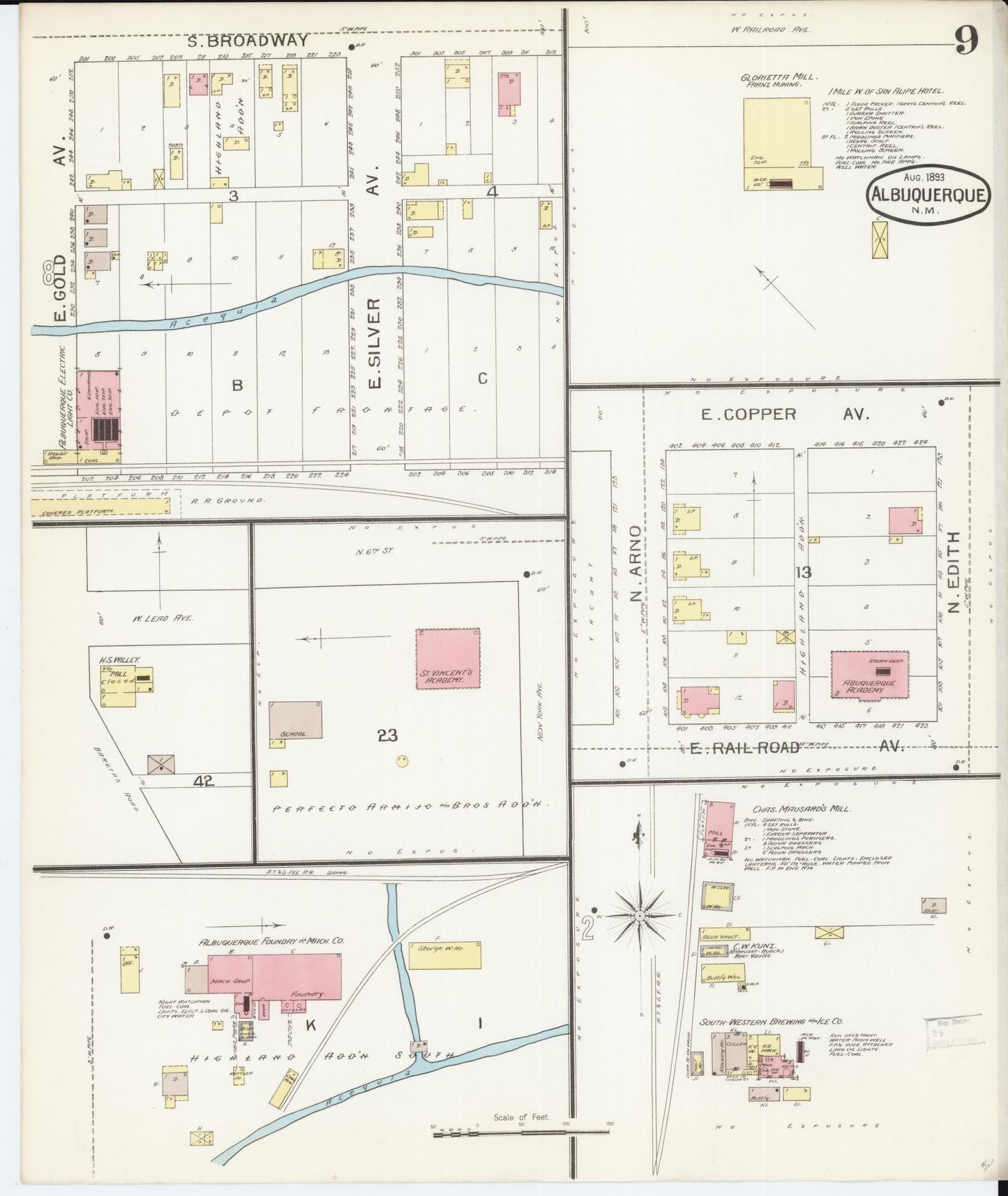 Sanborn Fire Insurance Map from Albuquerque, Bernalillo County, New Mexico (1893), Sheet #0009 - Complete Map Set gallery image, historic Sanborn map, vintage wall art, New Mexico New Mexico