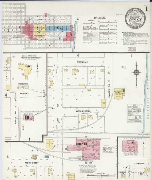 Sanborn Fire Insurance Map from Carlyle, Clinton County, Illinois (1909), Sheet #0001 - Historic Sanborn Fire Insurance Map Print, vintage old map wall art, antique decor, genealogy gift, Illinois Illinois map