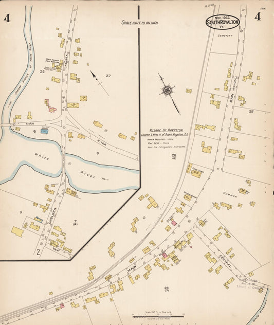 Sanborn Fire Insurance Map from South Royalton, Windsor County, Vermont (1922), Sheet #0004 - Historic Sanborn Fire Insurance Map Print, vintage old map wall art, antique decor, genealogy gift, Vermont Vermont map