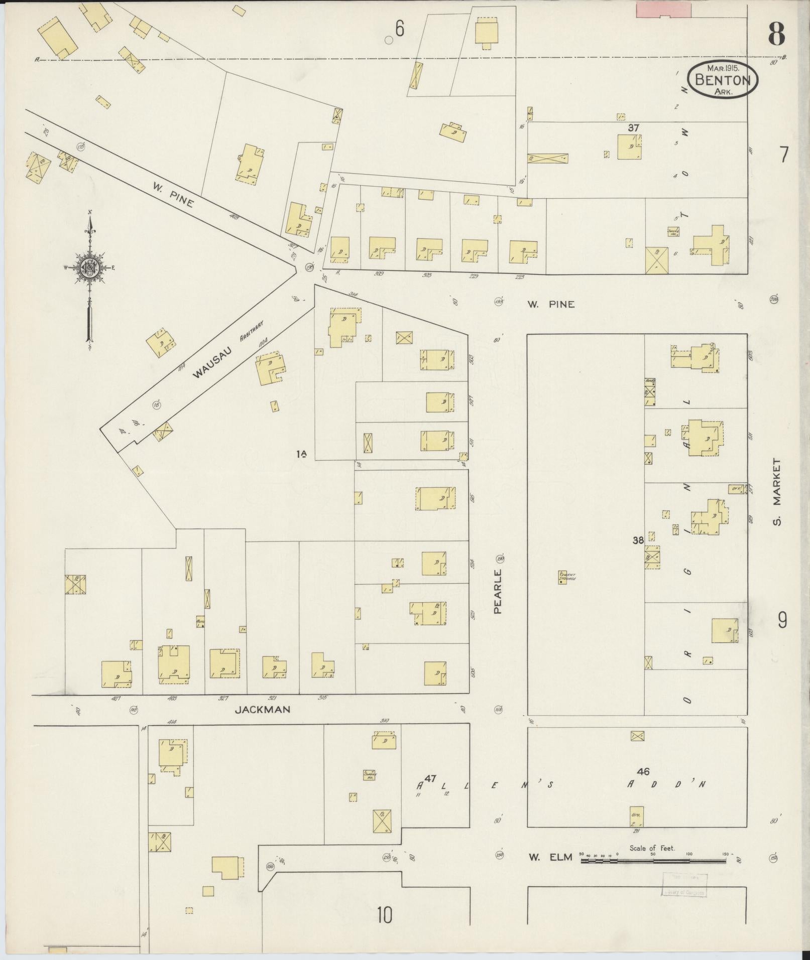 Sanborn Fire Insurance Map from Benton, Saline County, Arkansas (1915), Sheet #0008 - Historic Sanborn Fire Insurance Map Print, vintage old map wall art, antique decor, genealogy gift, Arkansas Arkansas map