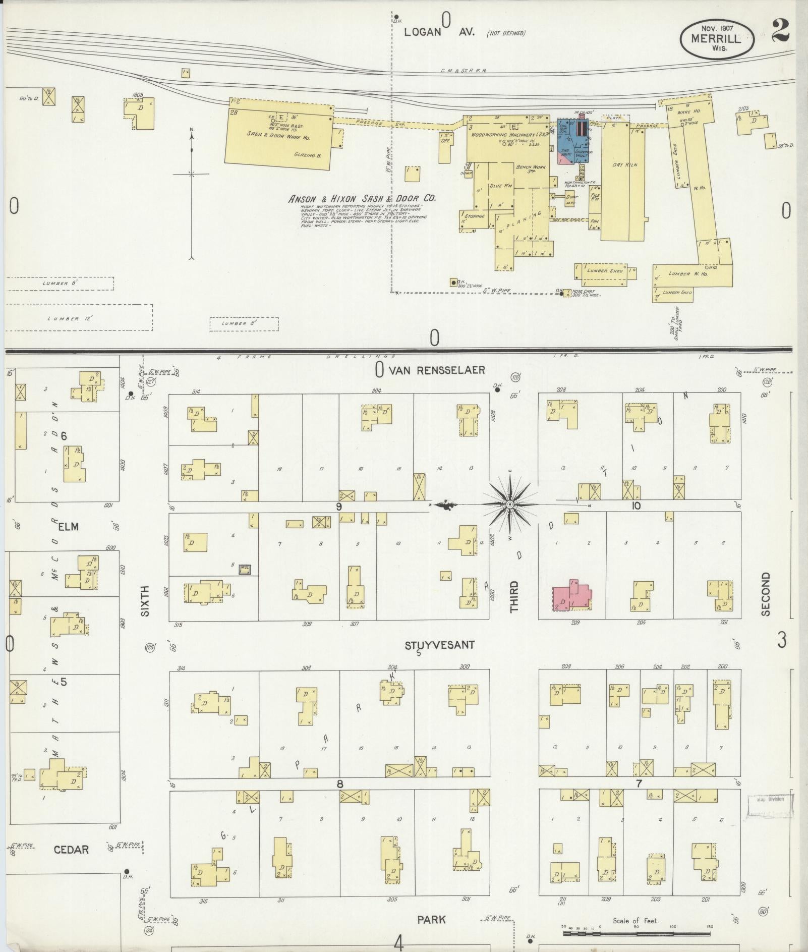 Sanborn Fire Insurance Map from Merrill, Lincoln County, Wisconsin (1907), Sheet #0002 - Complete Map Set gallery image, historic Sanborn map, vintage wall art, Wisconsin Wisconsin