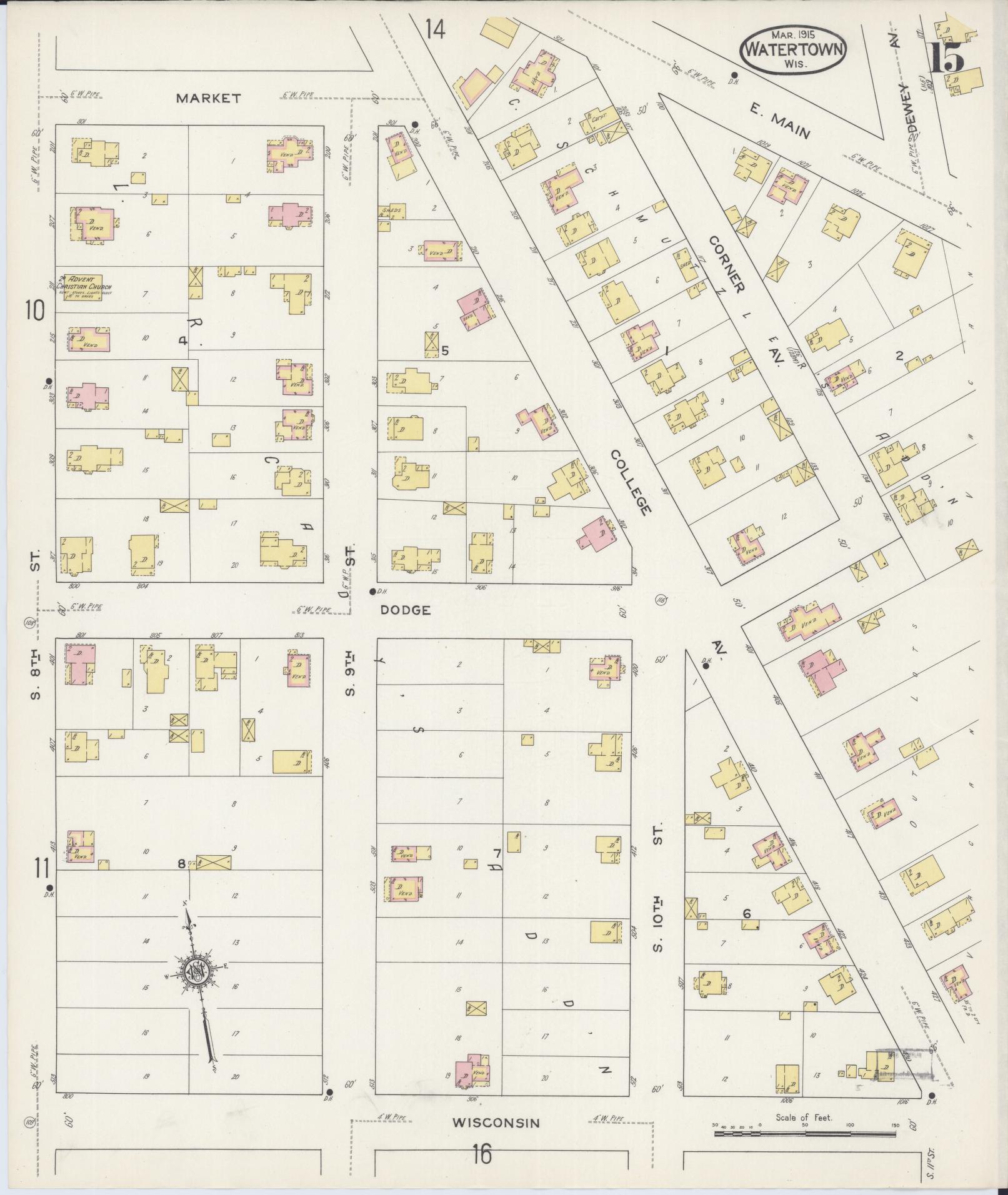Sanborn Fire Insurance Map from Watertown, Jefferson County, Wisconsin (1915), Sheet #0016 - Historic Sanborn Fire Insurance Map Print, vintage old map wall art, antique decor, genealogy gift, Wisconsin Wisconsin map