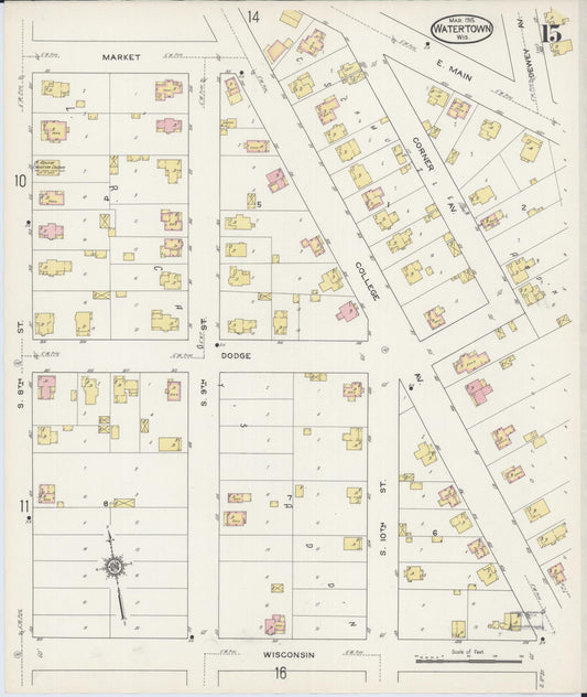 Sanborn Fire Insurance Map from Watertown, Jefferson County, Wisconsin (1915), Sheet #0016 - Historic Sanborn Fire Insurance Map Print, vintage old map wall art, antique decor, genealogy gift, Wisconsin Wisconsin map