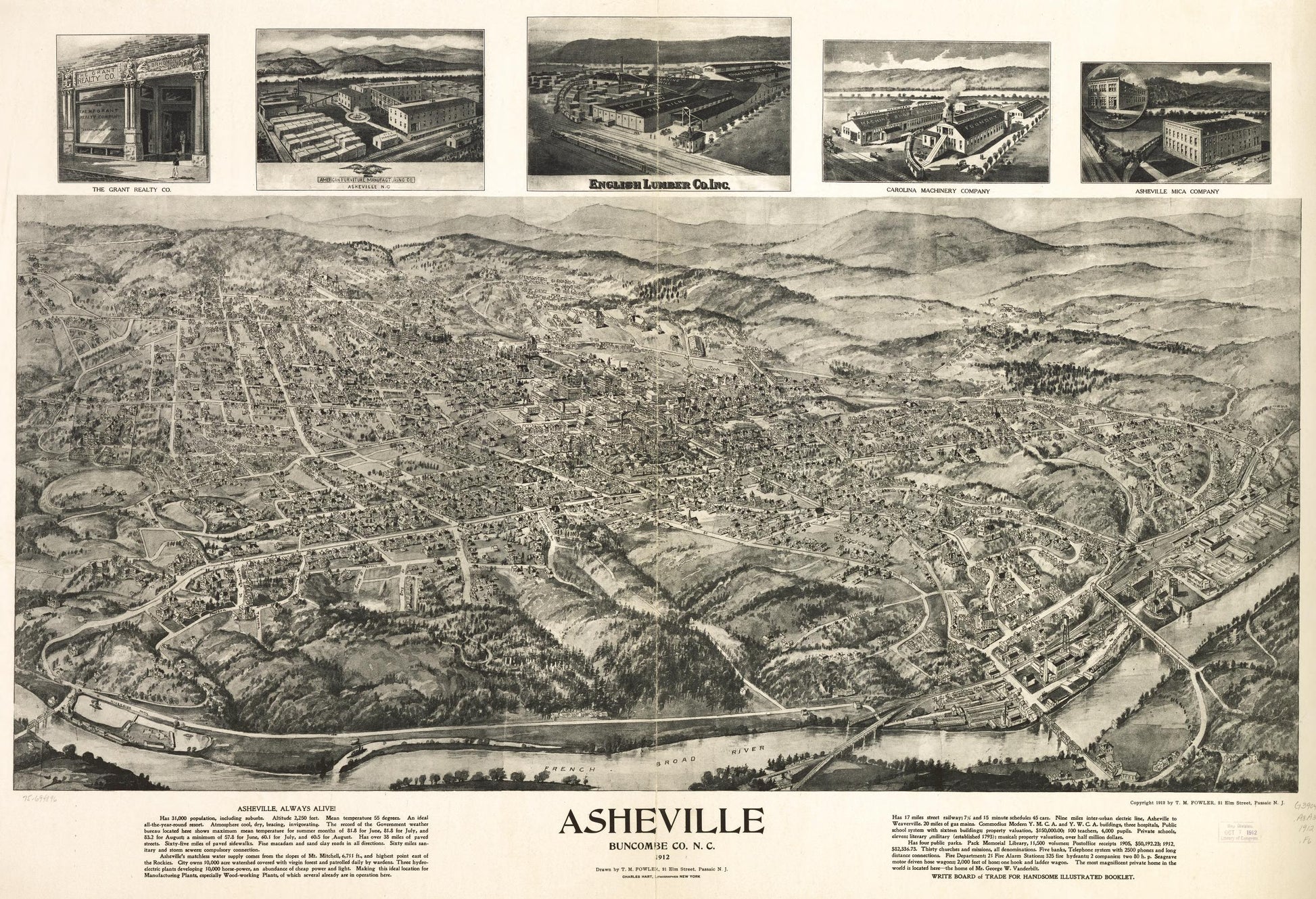 Asheville, Buncombe Co. N.C. 1912. (1912) – Historic Bird’s-Eye View Panorama Print