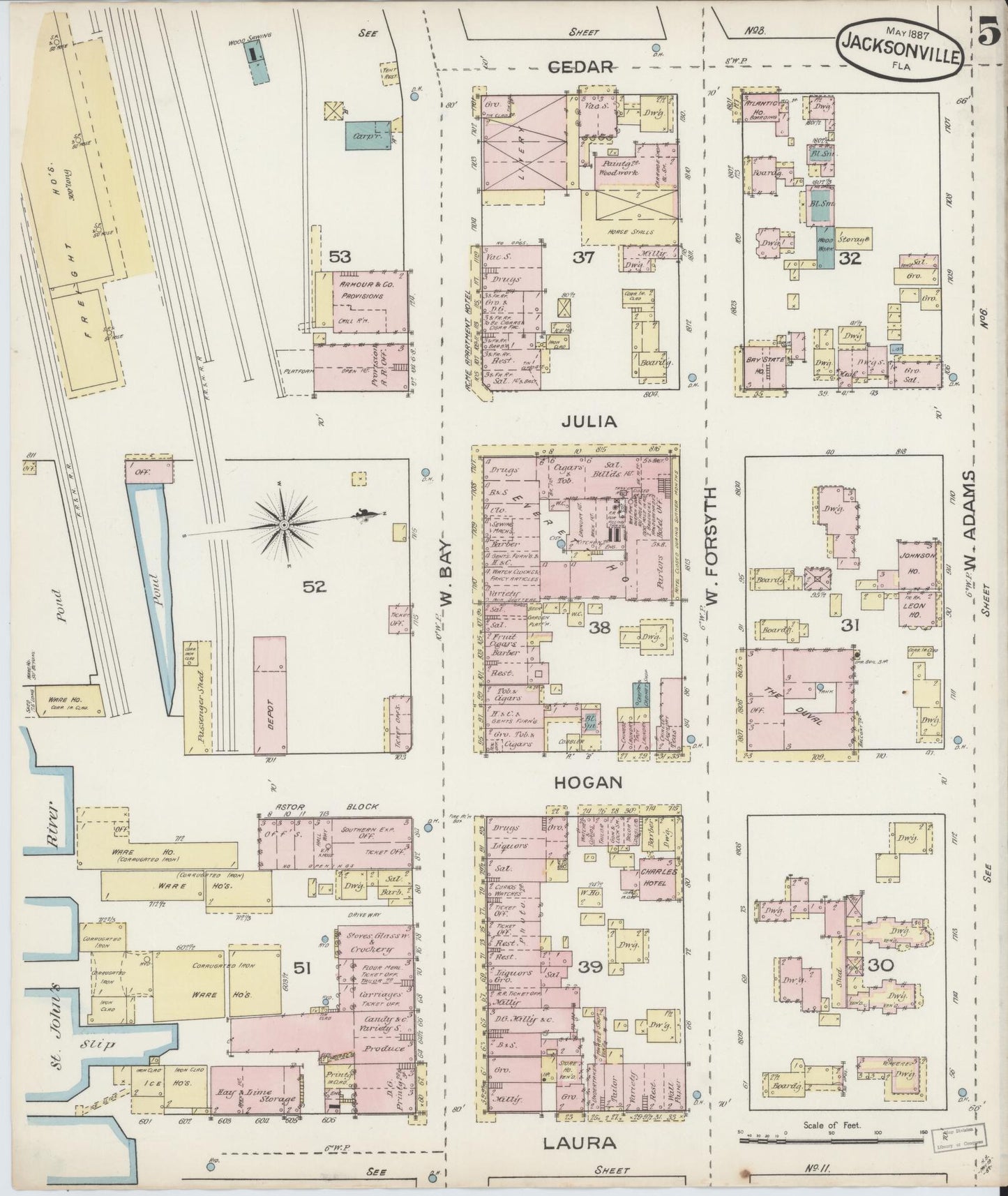 Sanborn Fire Insurance Map from Jacksonville, Duval County, Florida (1887), Sheet #0005 - Complete Map Set gallery image, historic Sanborn map, vintage wall art, Florida Florida