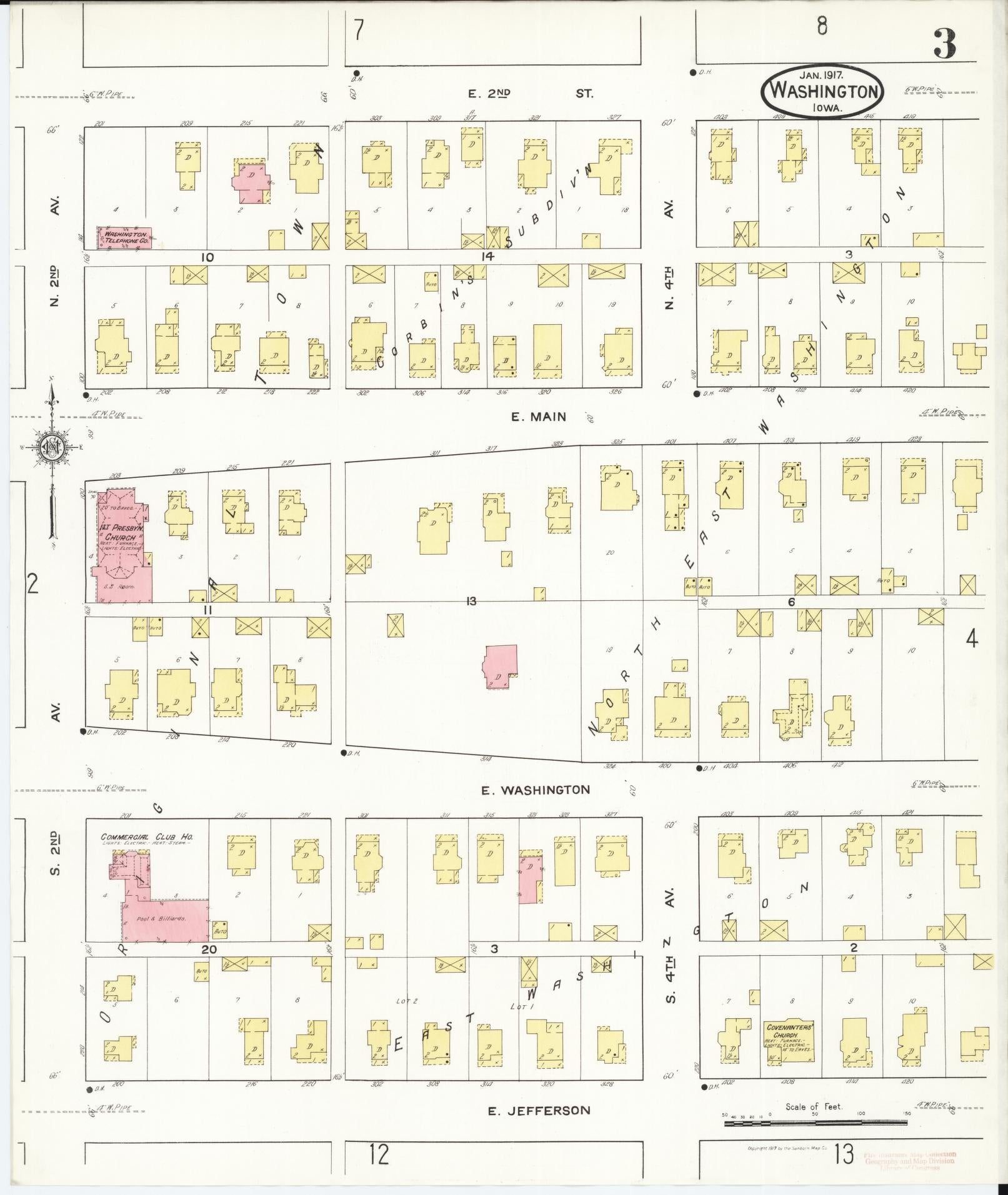 Sanborn Fire Insurance Map from Washington, Washington County, Iowa (1917), Sheet #0003 - Historic Sanborn Fire Insurance Map Print, vintage old map wall art