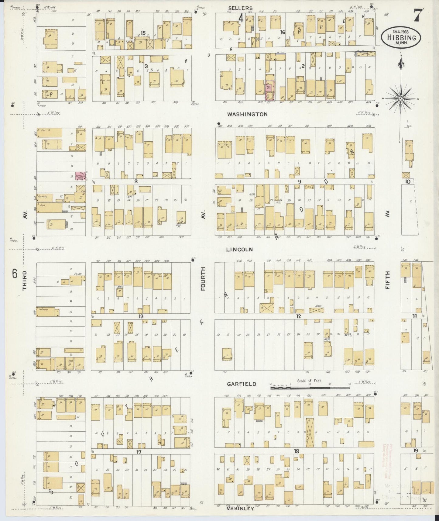 Sanborn Fire Insurance Map from Hibbing, Saint Louis County, Minnesota (1908), Sheet #0007 - Historic Sanborn Fire Insurance Map Print, vintage old map wall art, antique decor, genealogy gift, Minnesota Minnesota map